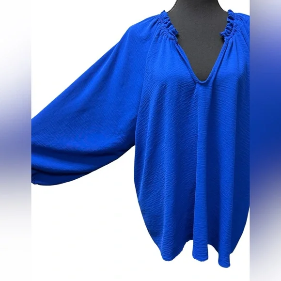 ee:some Fashion Cobalt Blue V-Neck Peasant Blouse with Puff sleeves Size XL - Picture 7 of 9